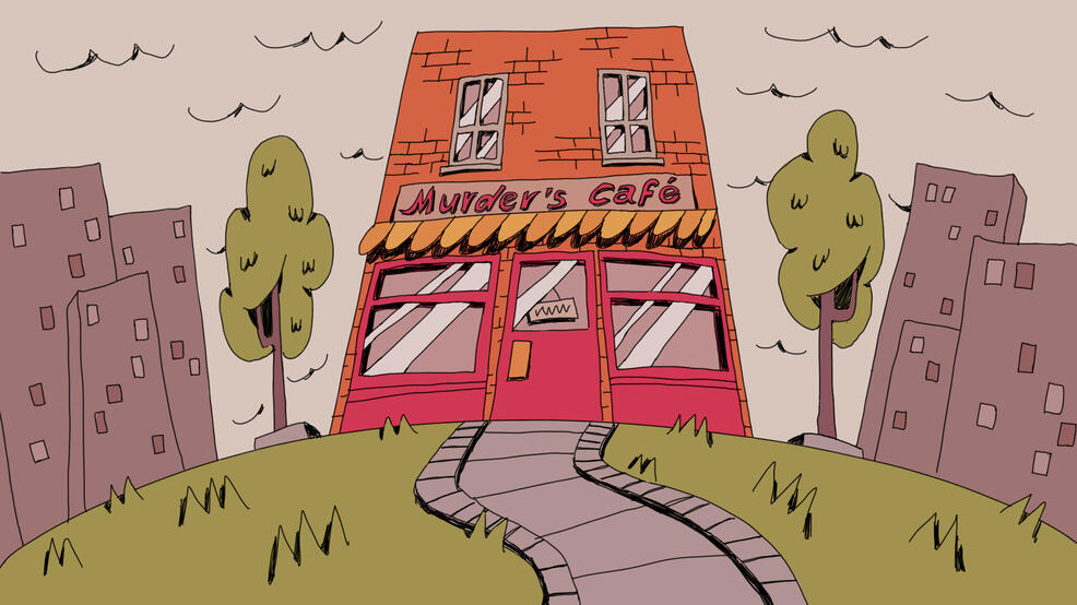 'MURDER DREAM CAFE' style frame. ANIMATION (BA) YEAR 1. 'script to screen' module