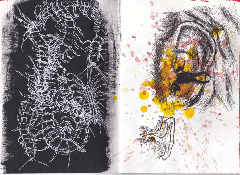 fear of insects. acrylic paint, pen and fineliner pen on paper