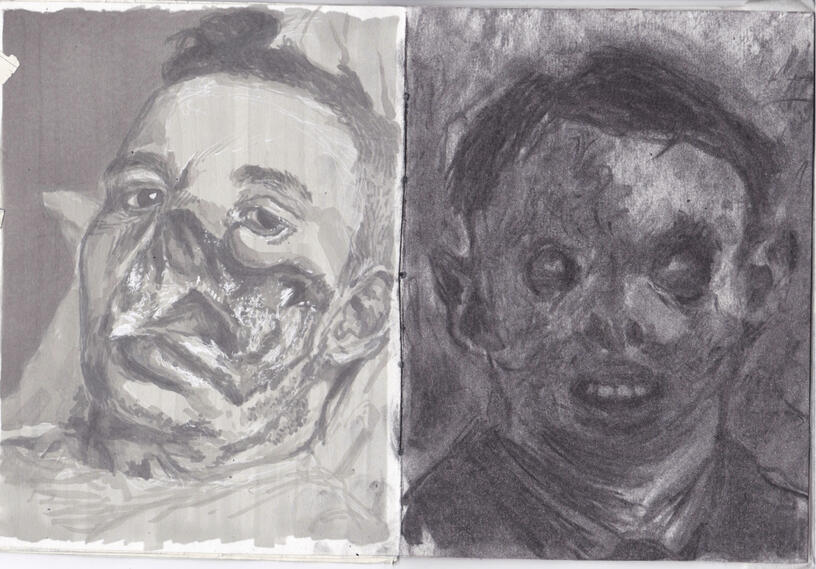 ww1 shrapnel injuries. left: promarker on paper. right: charcoal on paper